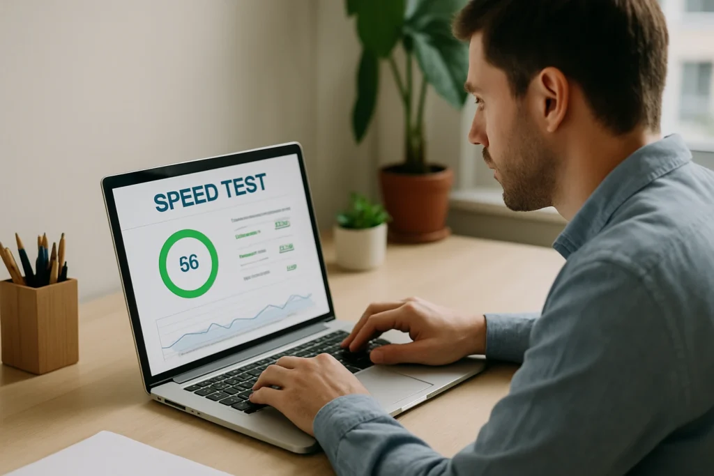 Person testing website performance using laptop