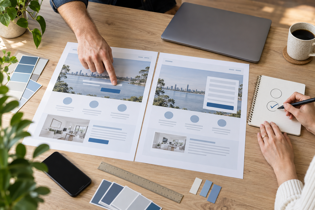 Brisbane website team comparing two webpage layouts during a conversion optimisation test
